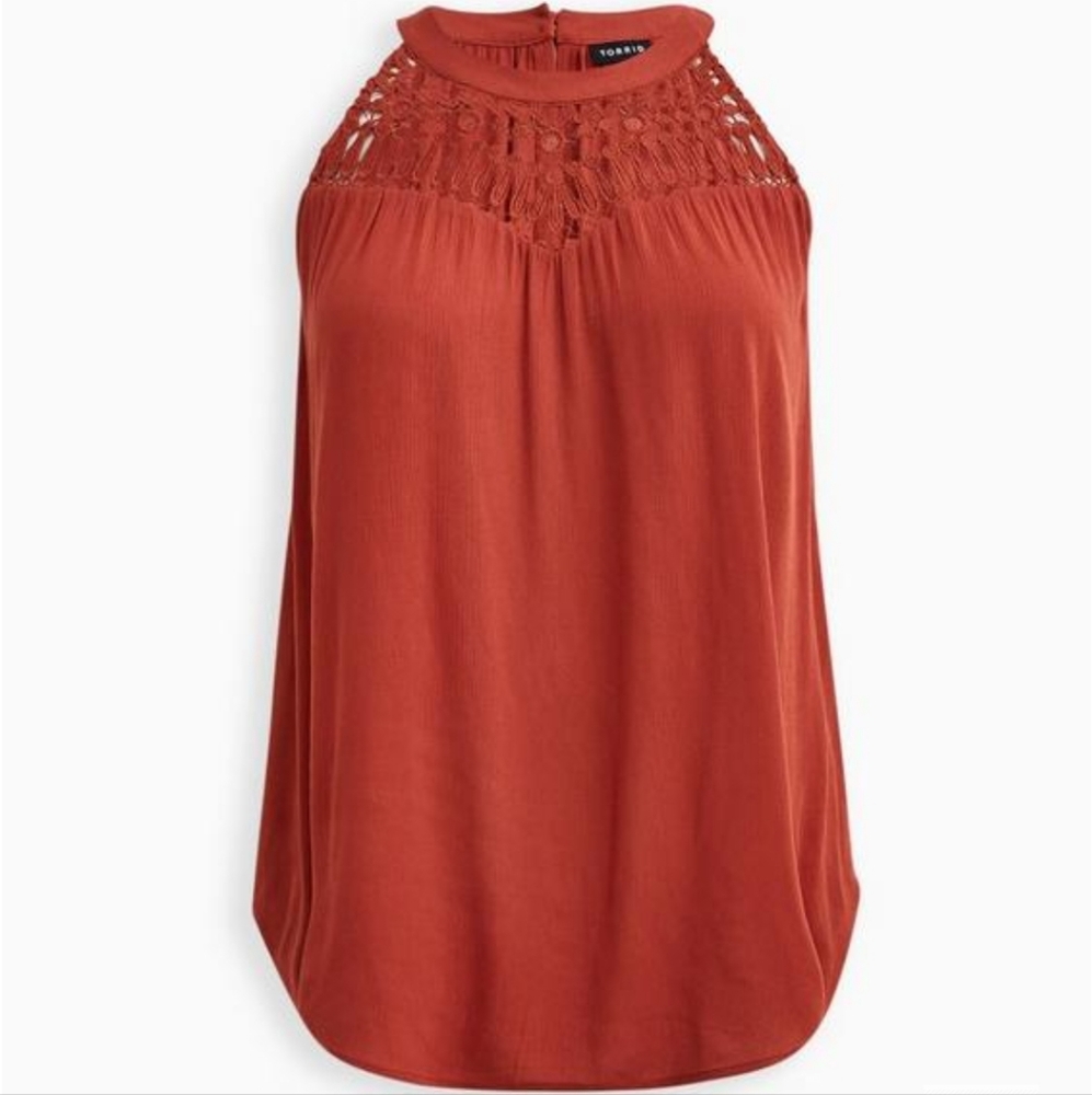 Crinkle Gauze Crochet Detail Halter Tank